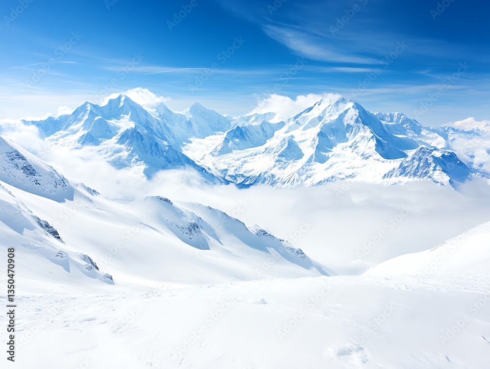 Magnificent snow covered mountain peaks under a bright blue sky Magnificent snow covered mountain peaks under a bright blue sky
