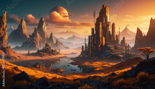 Futuristic City Ruins at Sunset Dramatic Mountain Landscape Fantasy Art