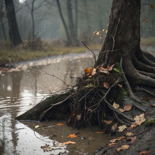 A muddy, submerged tree root with waterlogged debris caught in its branches.