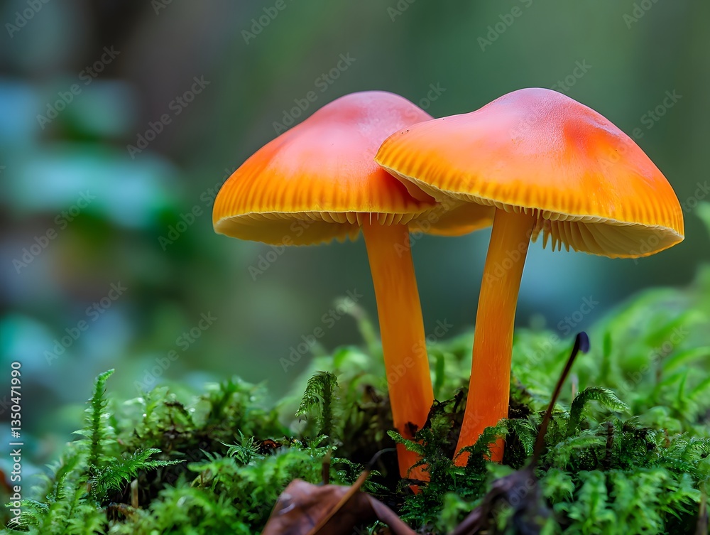 Fototapeta premium Two Orange Mushrooms Growing on Mossy Forest Floor in Autumn