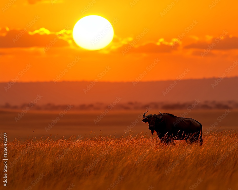 An African buffalo standing in the tall grasses at sunset An African buffalo standing in the tall grasses at sunset