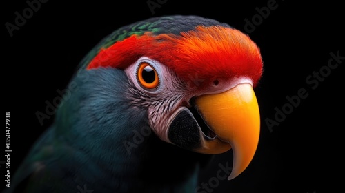 Close-up portrait of a colorful parrot head.  Vibrant plumage, featuring a striking combination of teal, emerald, red, and orange hues.  Intense eye contact, detailed beak and facial features.  