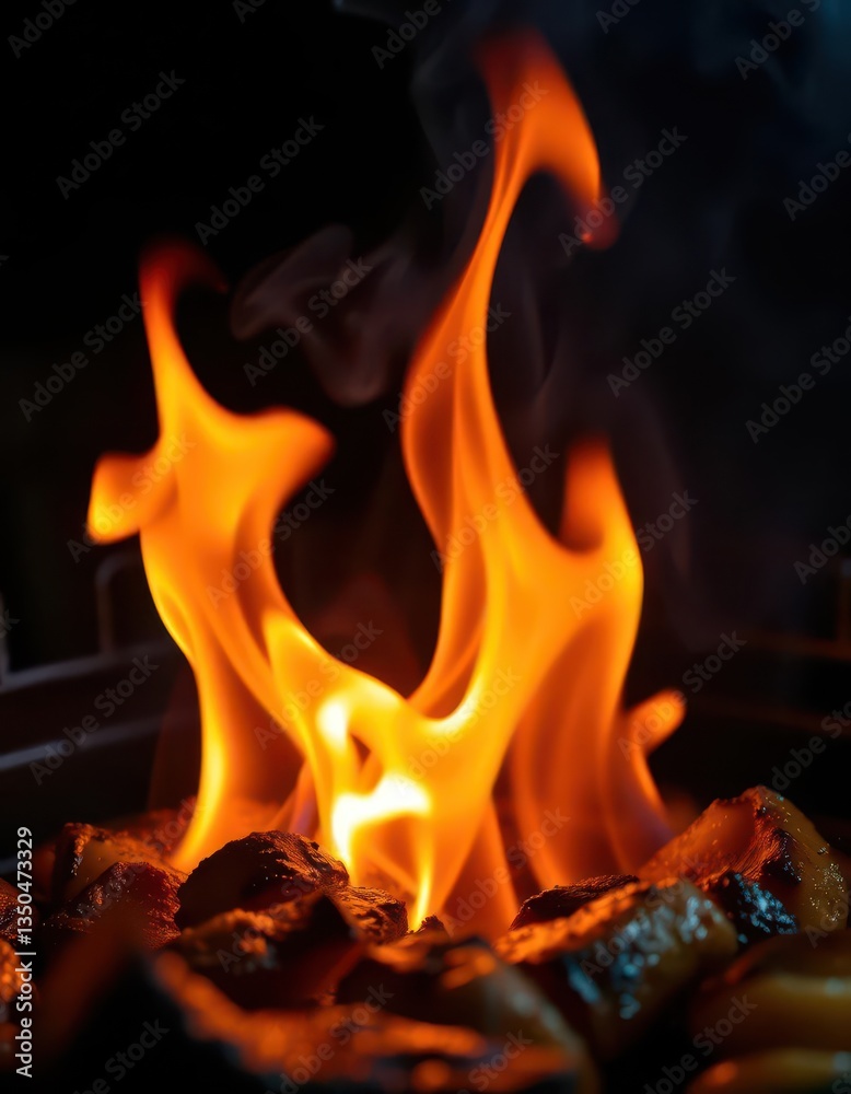 Naklejka premium Close-up of flames engulfing grilling food, producing smoky aroma, sizzling, wood
