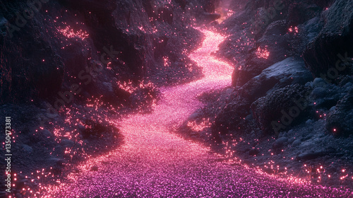 Enchanted glowing river winding through a mystical forest canyon, illuminated by vibrant pink lights