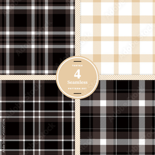 Plaid pattern seamless. Charcoal Gray & Cream Bisque Tartan Fabric Design. Set of 4