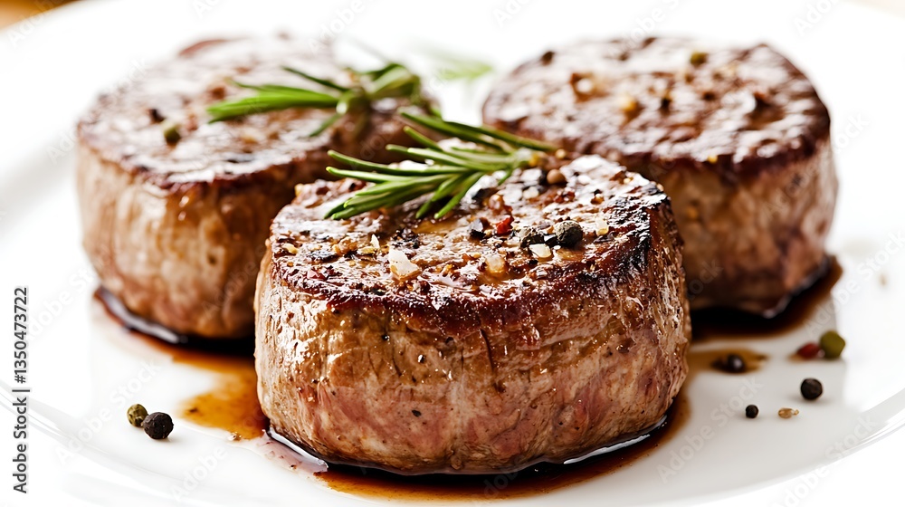 Three cooked beef steaks arranged on a white serving plate Three cooked beef steaks arranged on a white serving plate