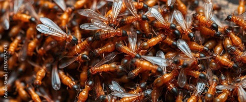 Close-up of termites swarming, showing intricate details of their bodies and wings, entomology, termite nest