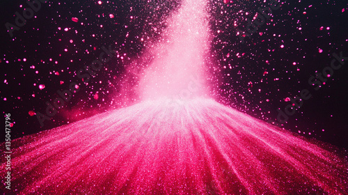 Vibrant pink volcanic eruption with particles flying in the air against a dark background