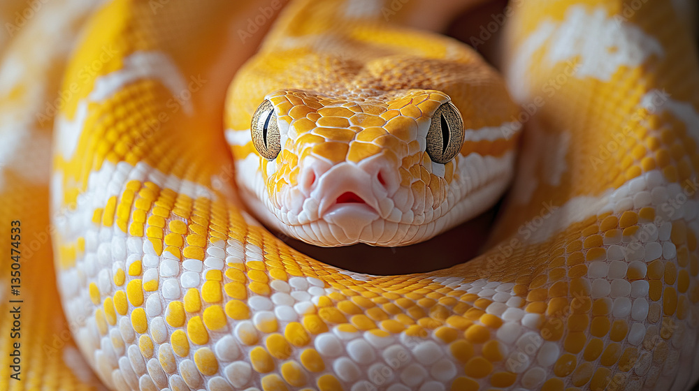 Fototapeta premium vibrant yellow and white snake with smooth scales is elegantly coiled