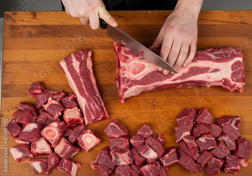 Top-Down View of Butcher Skillfully Cutting Beef