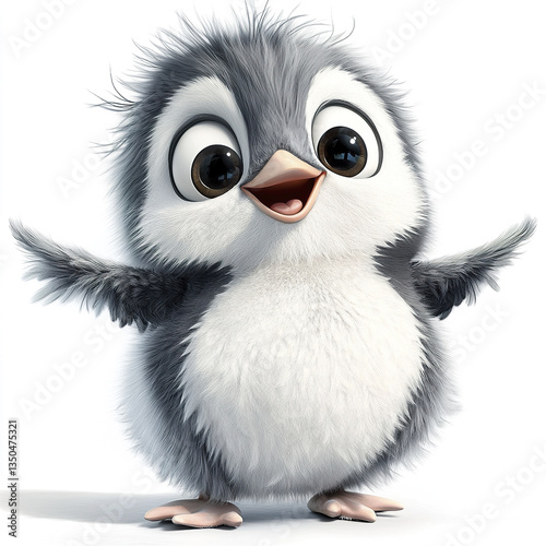 cute cartoon penguin chick with fluffy gray feathers and big eyes