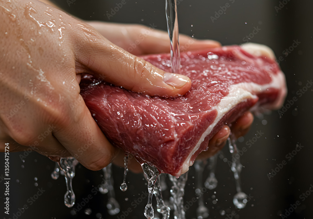 Fototapeta premium Washing Raw Meat Under Running Water