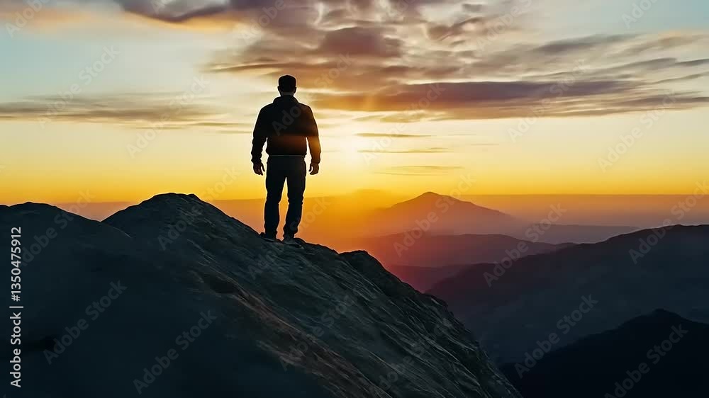 Silhouette of a person standing on a mountain peak at sunset, with vibrant colors and distant hills Silhouette of a person standing on a mountain peak at sunset, with vibrant colors and distant hills