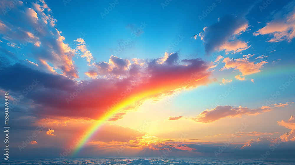 Fototapeta premium A mesmerizing natural spectacle of a rainbow in the sky, formed by the interaction of raindrops, sunlight, and atmospheric conditions, symbolizing beauty, hope, and nature's wonders