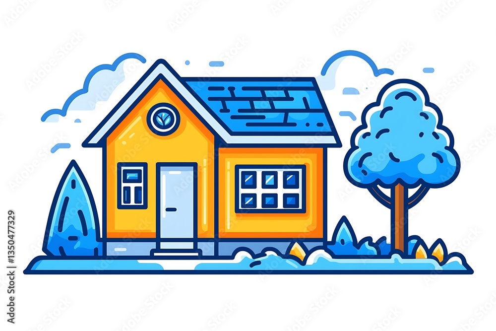 Fototapeta premium Yellow house, winter scene, solar panels