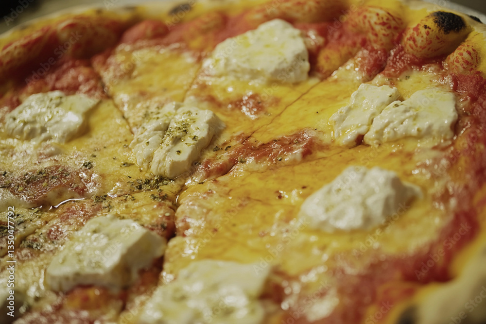 Savory cheese pizza topped with creamy dollops of ricotta served in a cozy restaurant Savory cheese pizza topped with creamy dollops of ricotta served in a cozy restaurant