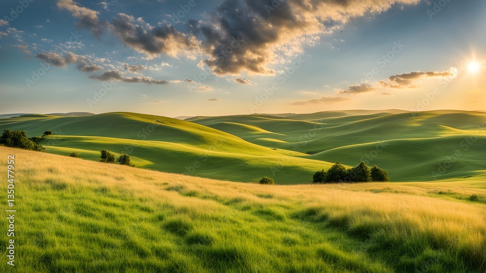 Fototapeta premium Golden hour illuminates gentle rolling green hills under a partly cloudy sky.