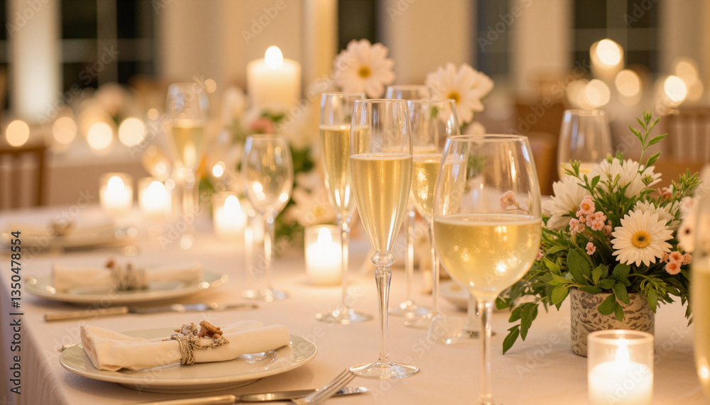 Elegant wedding reception table setting with champagne, romantic ambiance, Champagne glasses, Spring Wedding Expo Elegant wedding reception table setting with champagne, romantic ambiance, Champagne glasses, Spring Wedding Expo