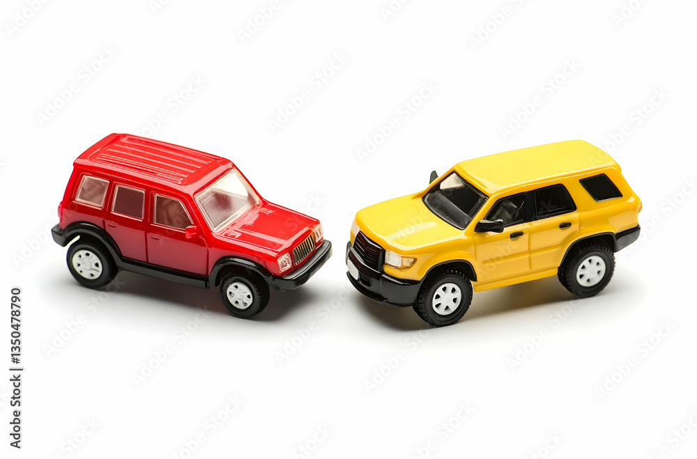 Red And Yellow Toy SUVs Colliding On A White Background Creating A Car Accident Scene On A Playmat In A Room Environment For Kids Play Roleplay And Simulation Recreation Fun Red And Yellow Toy SUVs Colliding On A White Background Creating A Car Accident Scene On A Playmat In A Room Environment For Kids Play Roleplay And Simulation Recreation Fun