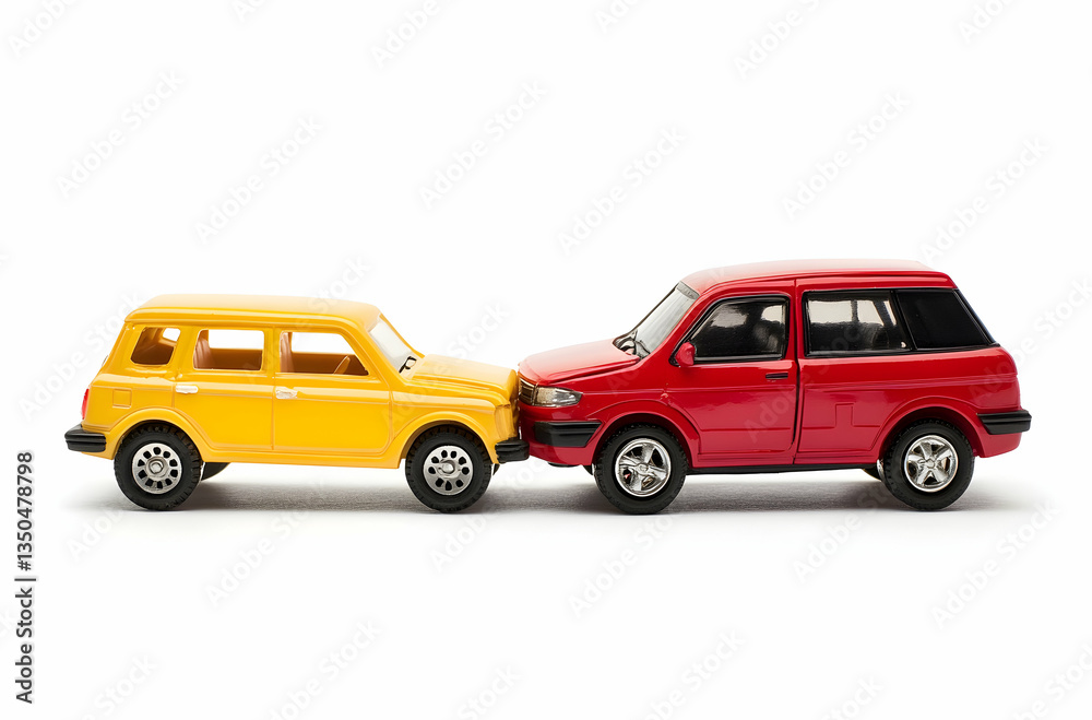 Close-Up of Miniature Red SUV and Yellow Car in Collision on White Background Close-Up of Miniature Red SUV and Yellow Car in Collision on White Background