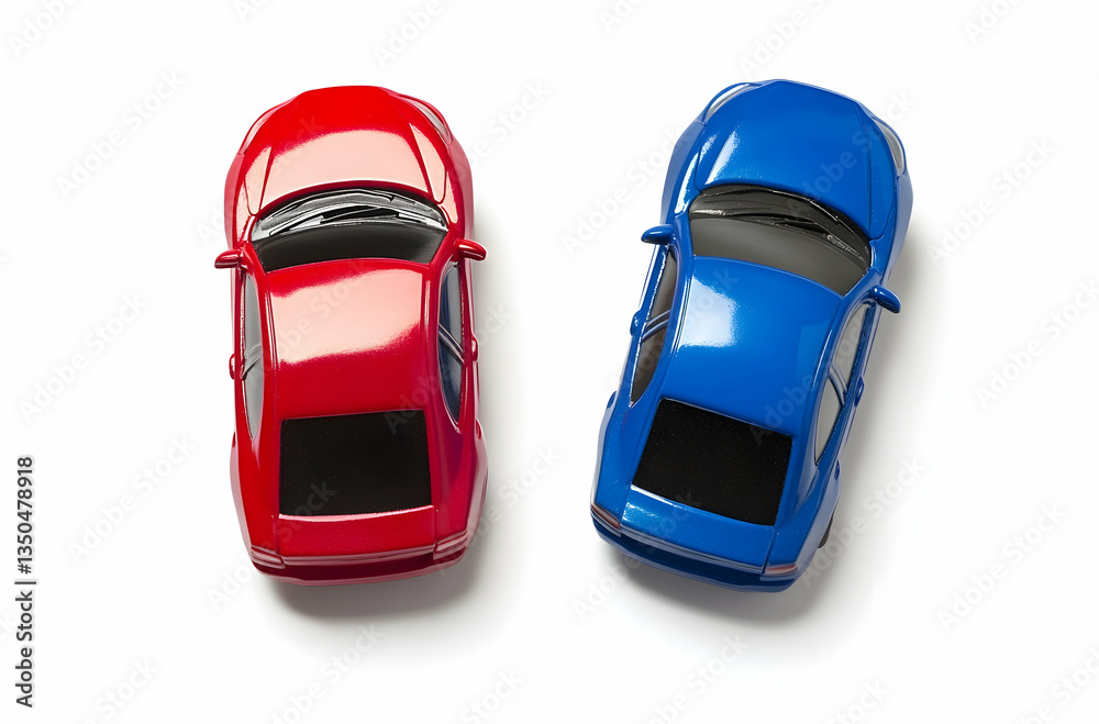 Fototapeta premium Red And Blue Toy Cars Overhead View On White Backgrounds and Details. An Overhead Shot. Playful Cars. Mini Vehicles. Colorful Toys. Transportation. Children's Toys. Miniature