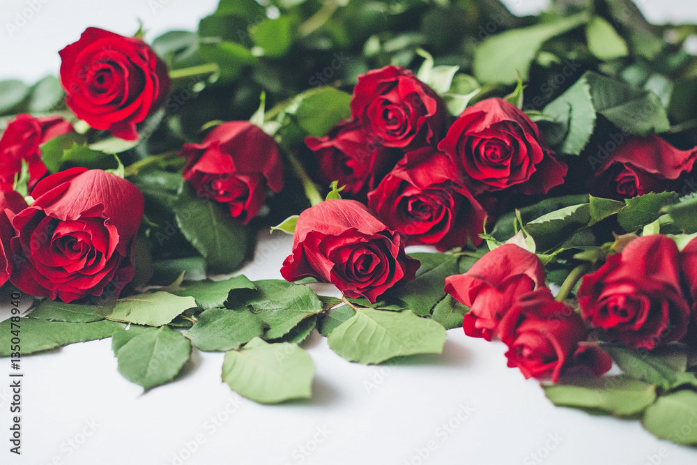 Beautiful red roses arranged with fresh green leaves on a white background Beautiful red roses arranged with fresh green leaves on a white background