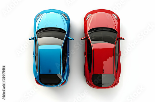 Top View of Two Stylish Sports Cars in Vibrant Blue and Red Colors on White Backgrounds