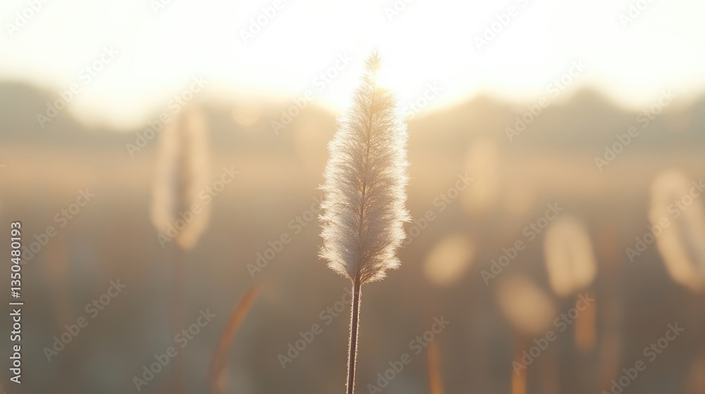 Obraz premium Fluffy grass flower at sunrise. Soft, pale light bathes a field of tall grasses, a single, fluffy flower in sharp focus against a backdrop of golden, out-of-focus plants
