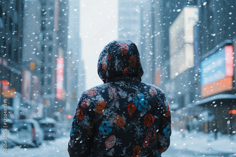 Person in colorful coat walks through snowy city streets during winter storm in urban environment Person in colorful coat walks through snowy city streets during winter storm in urban environment