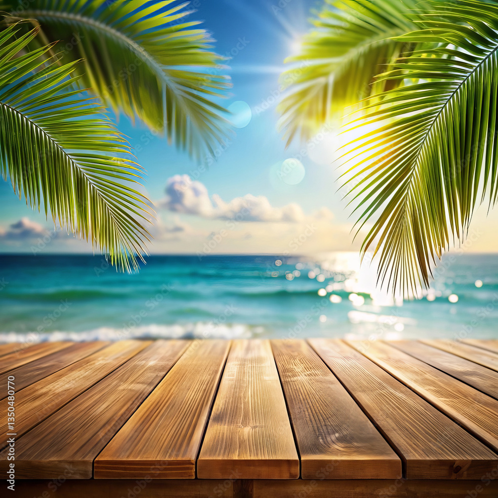 Top of wood table with seascape and palm leaves, bokeh light of calm sea and sky at beach (6) Top of wood table with seascape and palm leaves, bokeh light of calm sea and sky at beach (6)