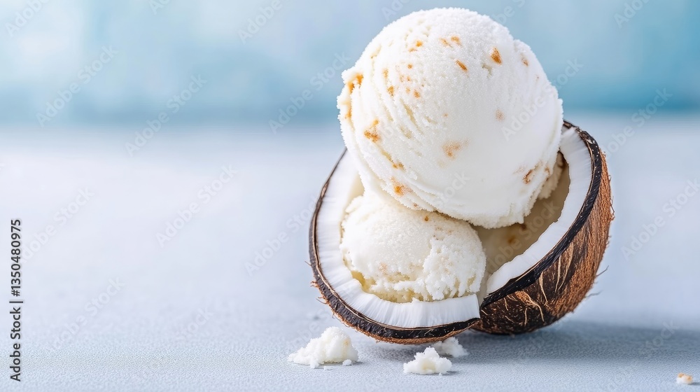 Fototapeta premium Two scoops of coconut ice cream in a half coconut shell