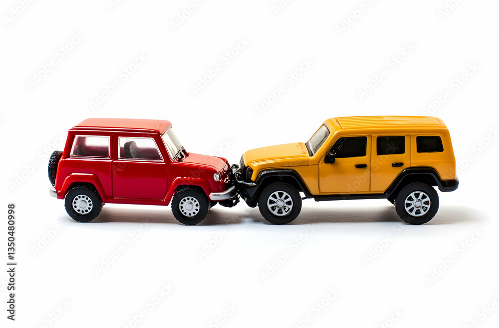Fototapeta premium Red And Yellow Toy Cars Colliding On A White Background Representing A Car Accident Concept and Illustration of Safety Measures for Vehicles in a Collision Scenario.An Example of
