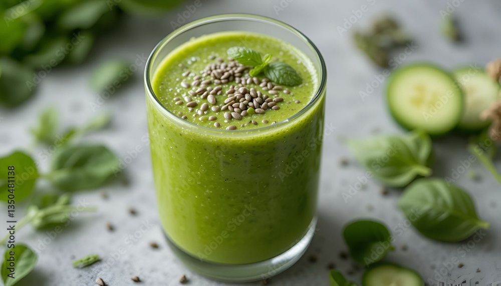 Fresh green smoothie with cucumber, spinach, and chia seeds, garnished with herbs, perfect for a healthy lifestyle. Fresh green smoothie with cucumber, spinach, and chia seeds, garnished with herbs, perfect for a healthy lifestyle.