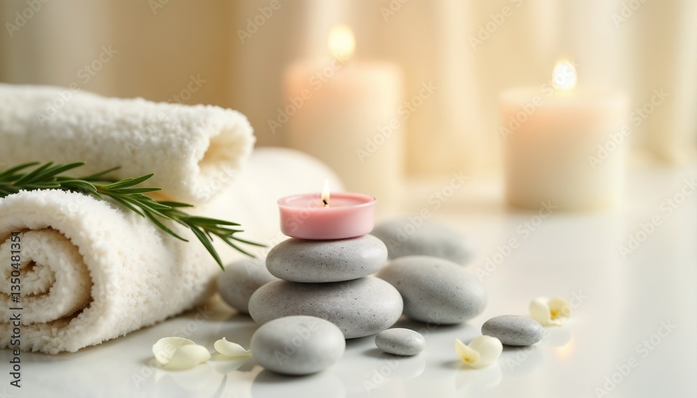 A serene spa arrangement featuring candles, rolled towels, smooth pebbles, and decorative foliage, evoking a peaceful and relaxing ambiance.
A serene spa arrangement featuring candles, rolled towels, smooth pebbles, and decorative foliage, evoking a peaceful and relaxing ambiance.