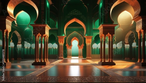 Luxurious islamic golden background. Elegant mosque background. Green islamic golden ceremony award stage venue background. 