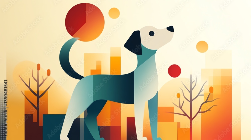 Naklejka premium A whimsical and colorful illustration of a dog against an autumn cityscape backdrop.