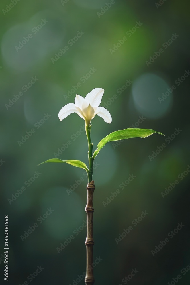 A fragile white orchid unfolds elegantly atop a slender bamboo shoot.