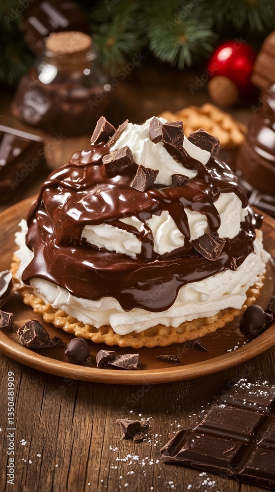 Delicious Chocolate Dessert with Whipped Cream and Waffle Base Delicious Chocolate Dessert with Whipped Cream and Waffle Base