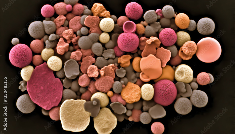 Microscopic view of colorful, spherical particles Microscopic view of colorful, spherical particles