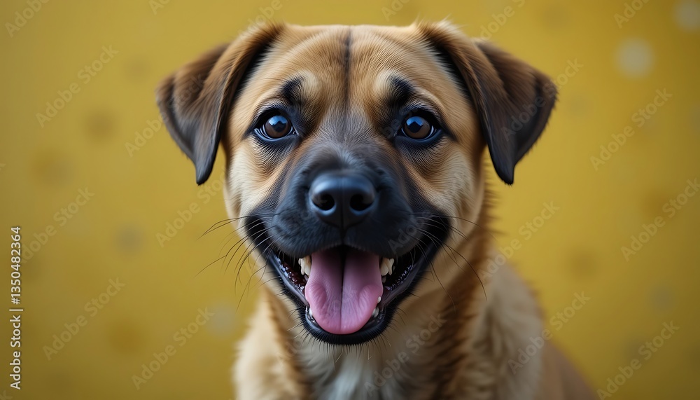 Close-up of Happy Dog with Open Mouth Against Yellow Background Close-up of Happy Dog with Open Mouth Against Yellow Background