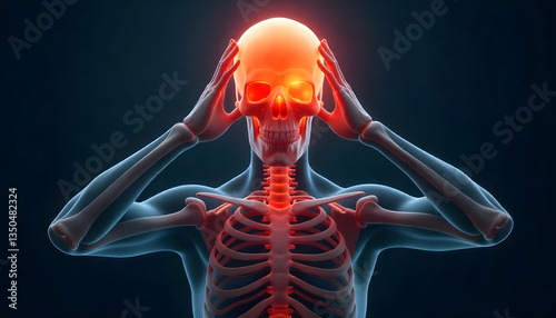 3D skeleton holding head in pain, glowing brain, dark background.