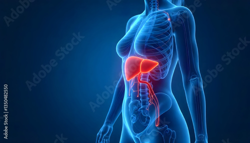 3D anatomical illustration highlighting liver and organs in a blue skeletal structure.