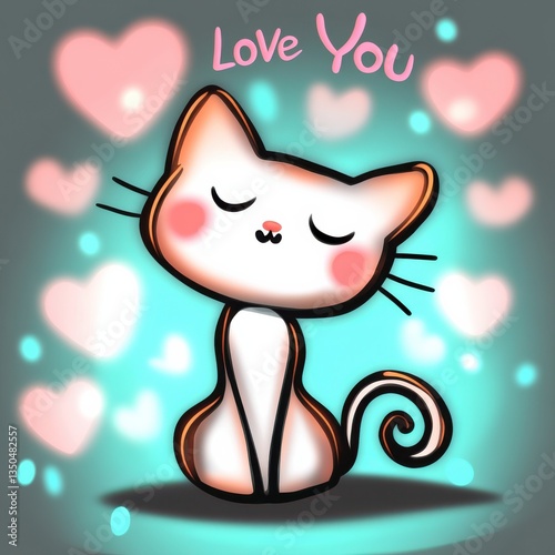 Cartoon cat with closed eyes and pink blush spots on cheeks, sitting in front of blue gradient background with floating pink hearts and text that reads Love You