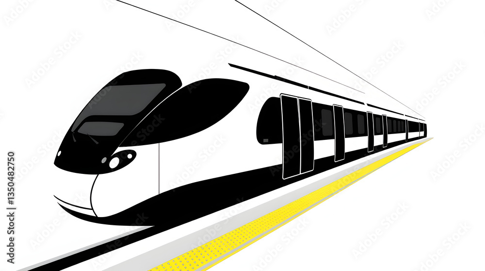 Naklejka premium Modern high-speed train at station in rain, sleek design, blue and white with orange accents.