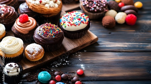 Delicious Assortment of Cupcakes and Chocolate Sweets on Wooden Board