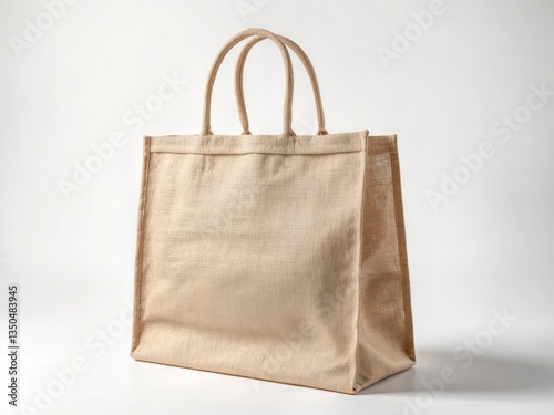 Reusable jute grocery bag on a white background, eco-friendly tote for sustainable living.