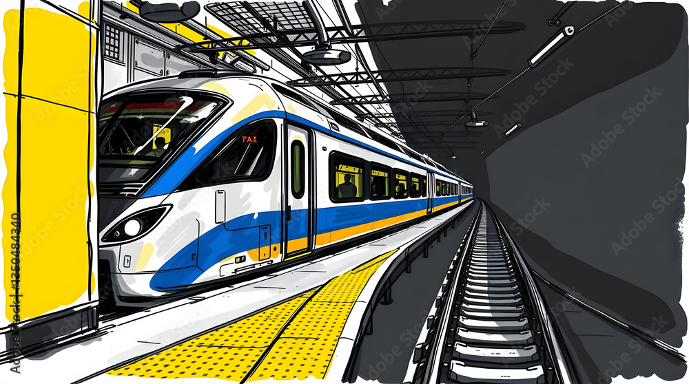 Obraz premium A modern, sleek train at a station, depicted in vibrant, artistic digital rendering.
