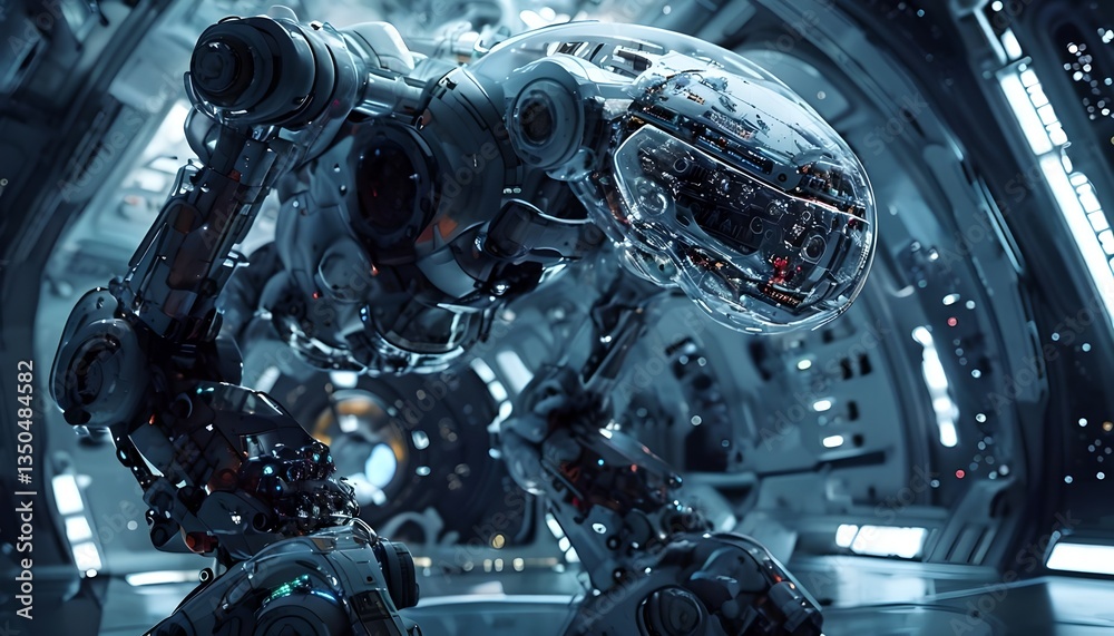 Fototapeta premium AI-Powered AI-Powered Robotic Surgeon With Nanomaterial Shell In Deep Space Station
