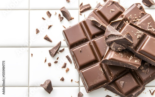Delicious Dark Chocolate Bar Pieces on White Tile Background