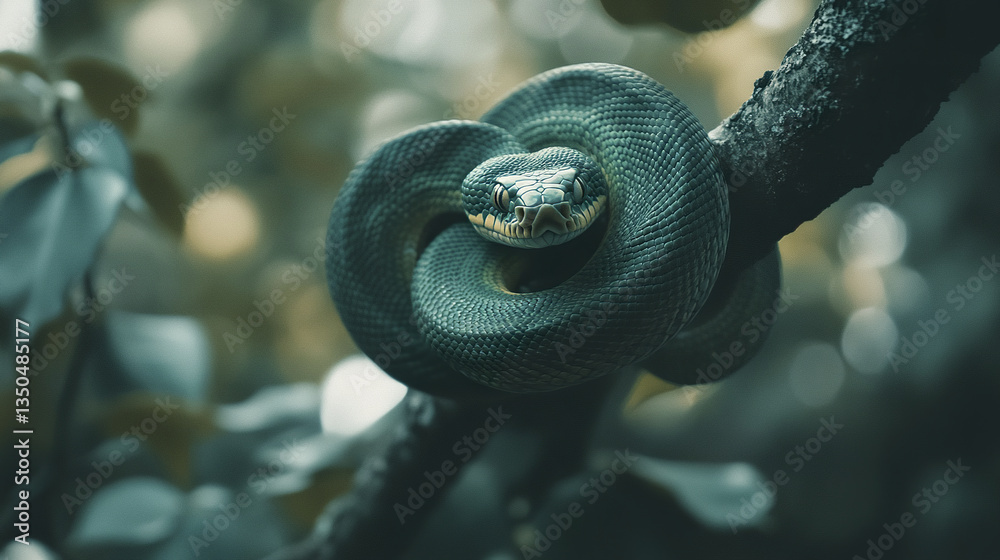 Fototapeta premium Green snake coiled around tree branch in forest setting
